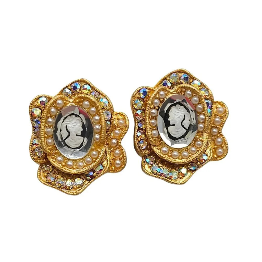 AB Rhinestone Faux Pearl Flower Cameo Earrings Clip-On Closure Gold Tone Vintage